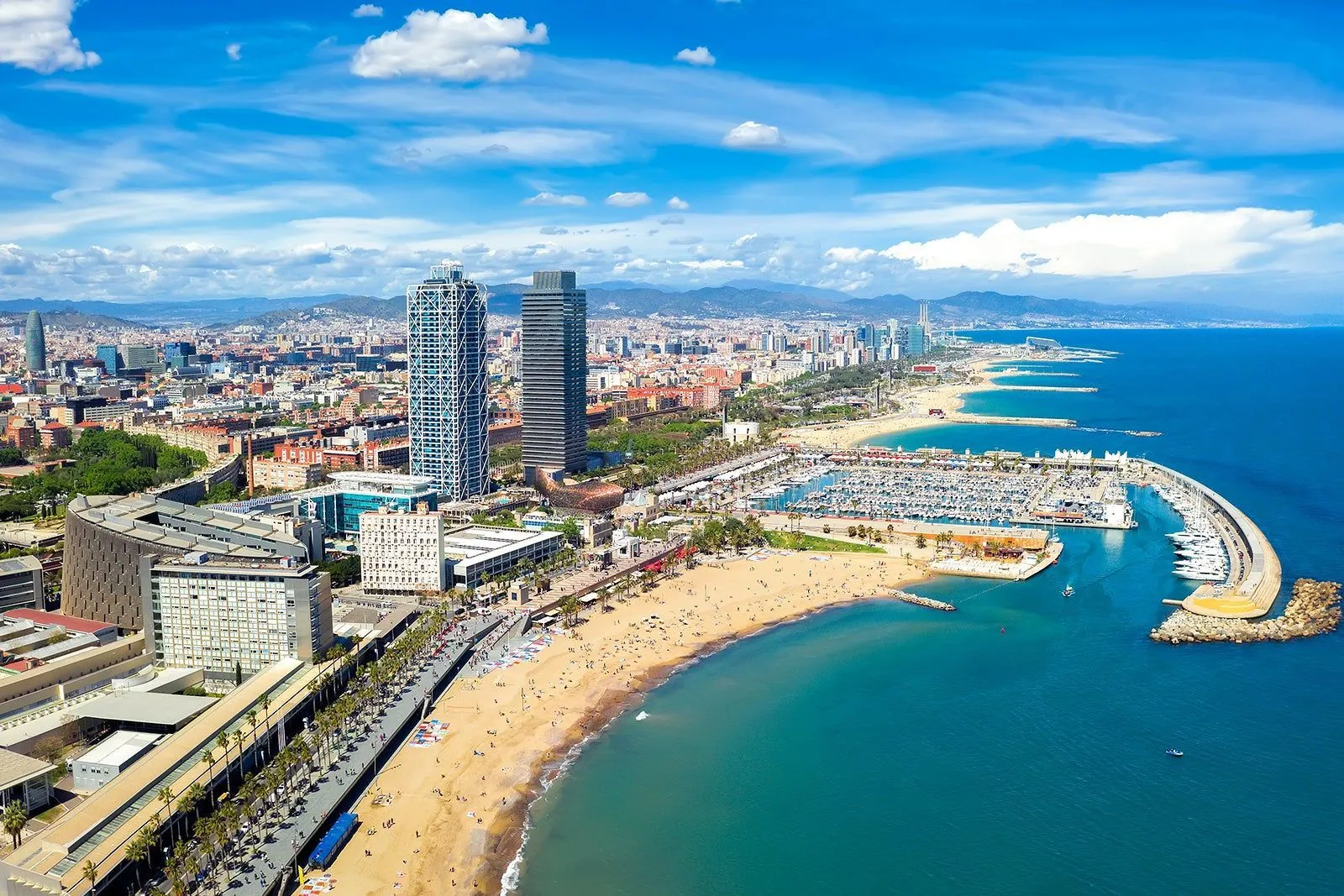 Aerial view of Barceloneta beach and Port Olímpic in Barcelona