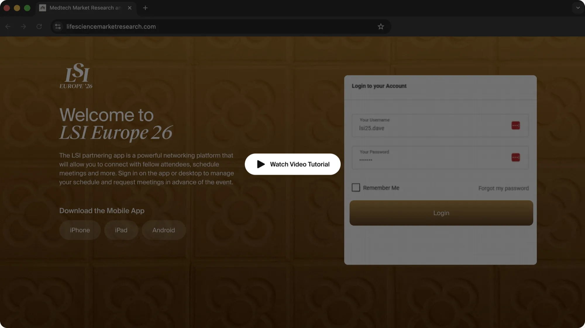 The LSI Europe ‘26 partnering app login screen